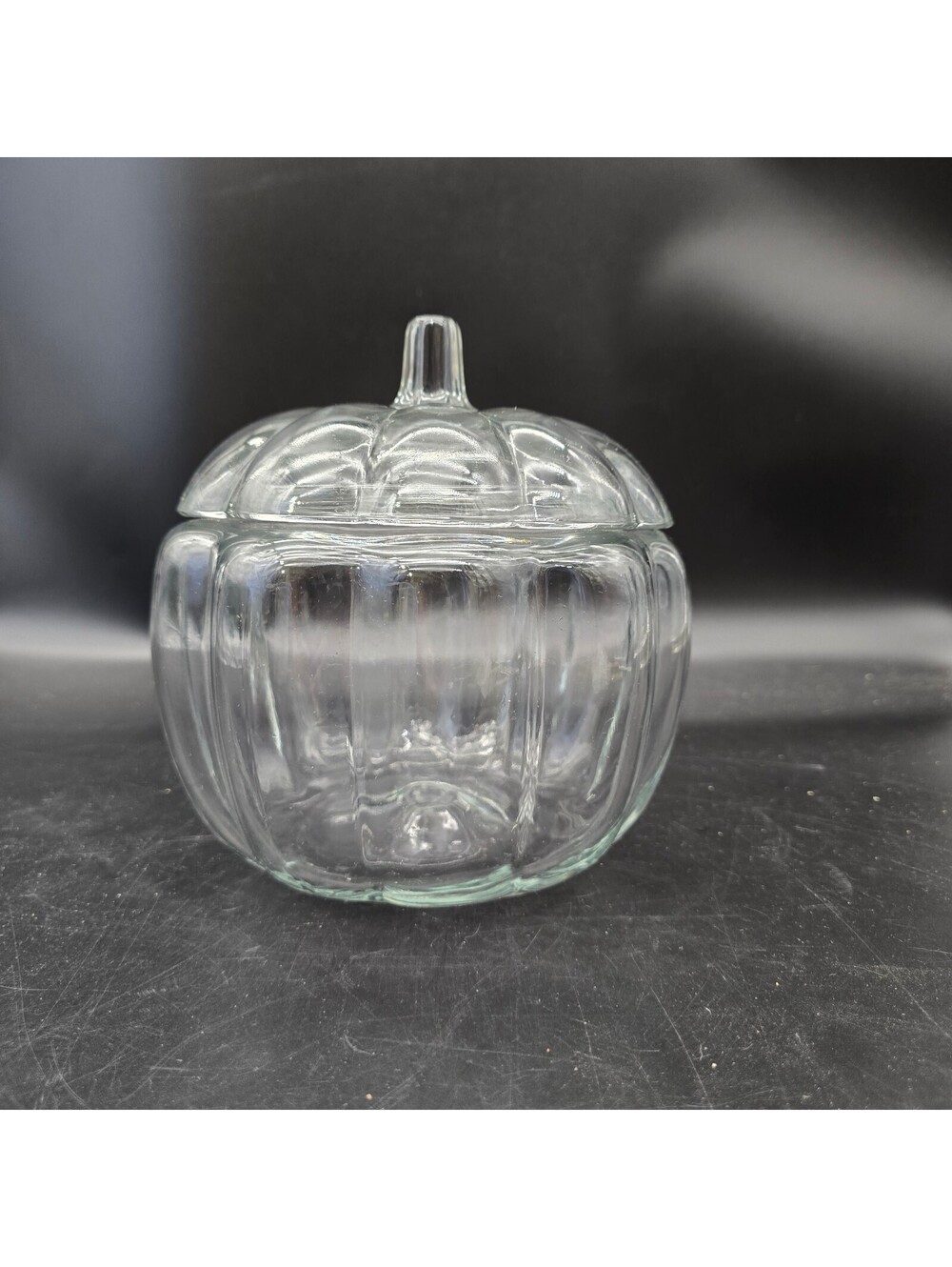 Vintage Anchor Hocking Clear Glass Pumpkin Jar with Lid 7.5" Tall 70 oz / 2.2 Qt